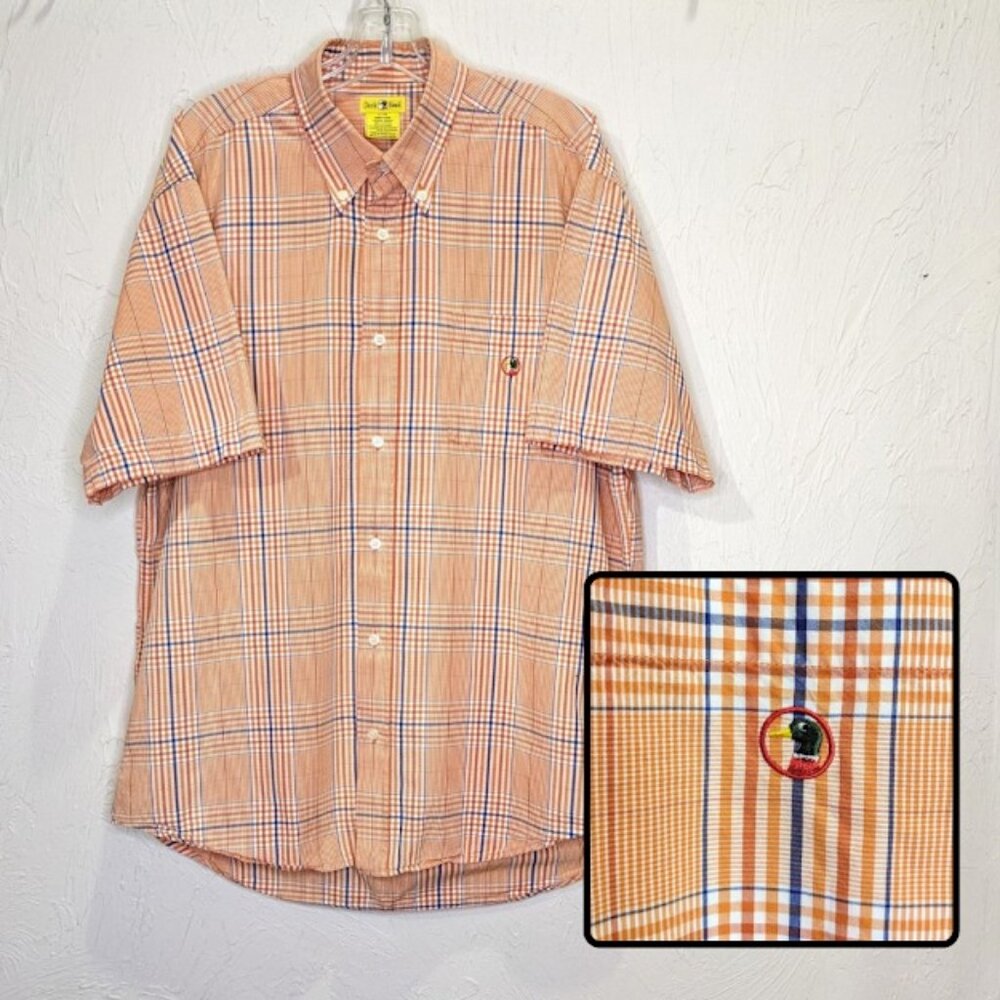 Duck Head Plaid Button Up Mens L Short Sleeve Orange Cotton Summer Shirt